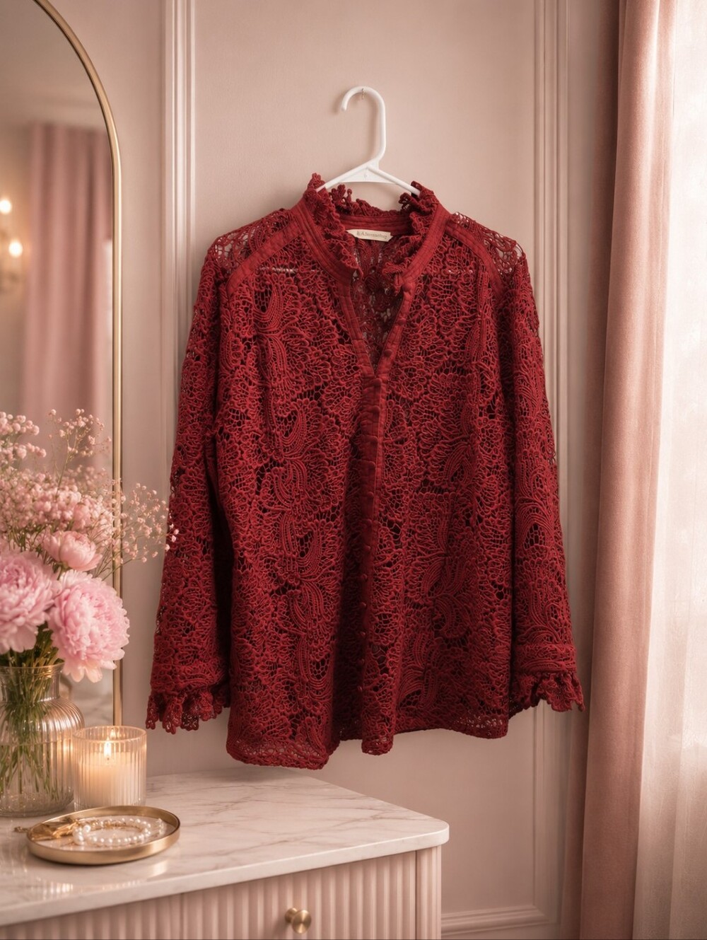 NWOT Large Soft Surroundings Burgundy Lace Button-Up Blouse Crotchet